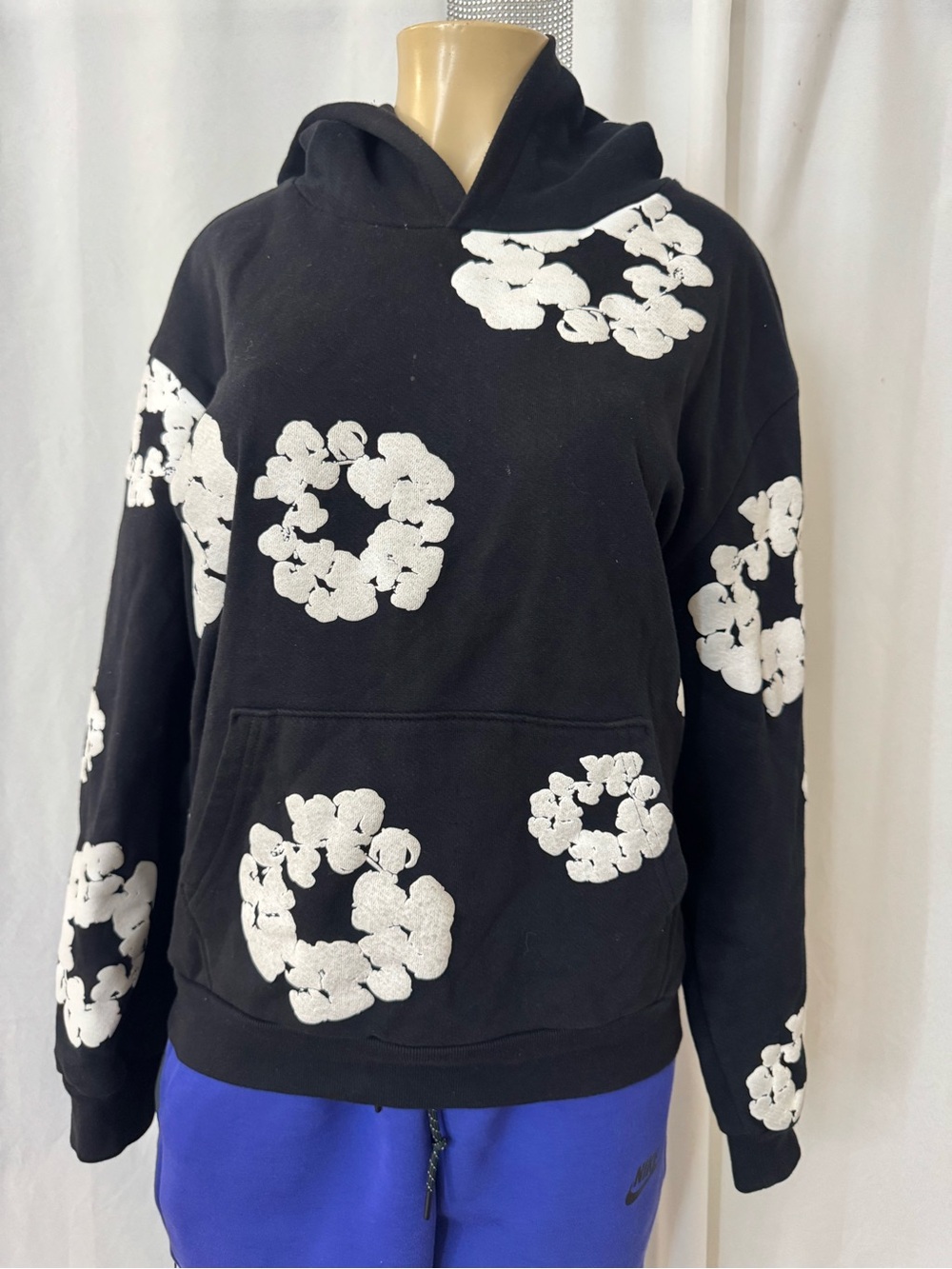 Men's Black Hoodie with White Floral Ring Print